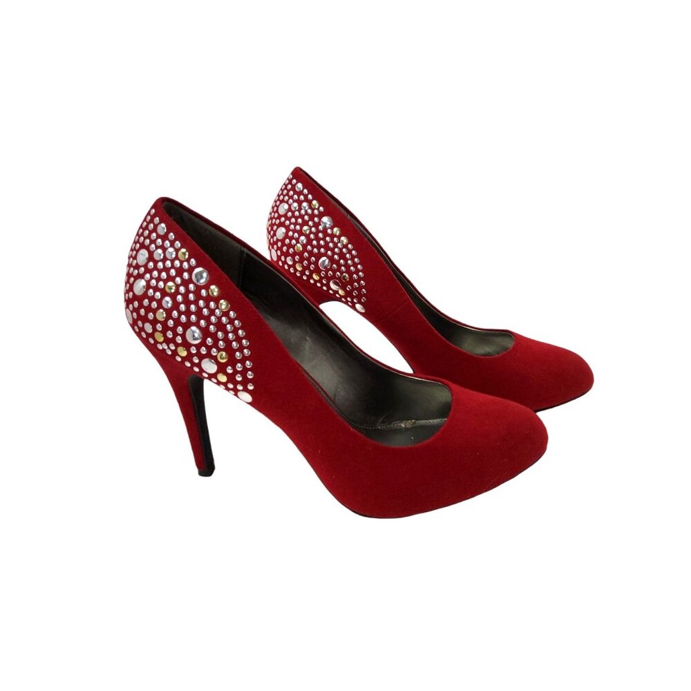 x-appeal womens "roxie" 4" stiletto heel silver/gold studded accent red fabric p